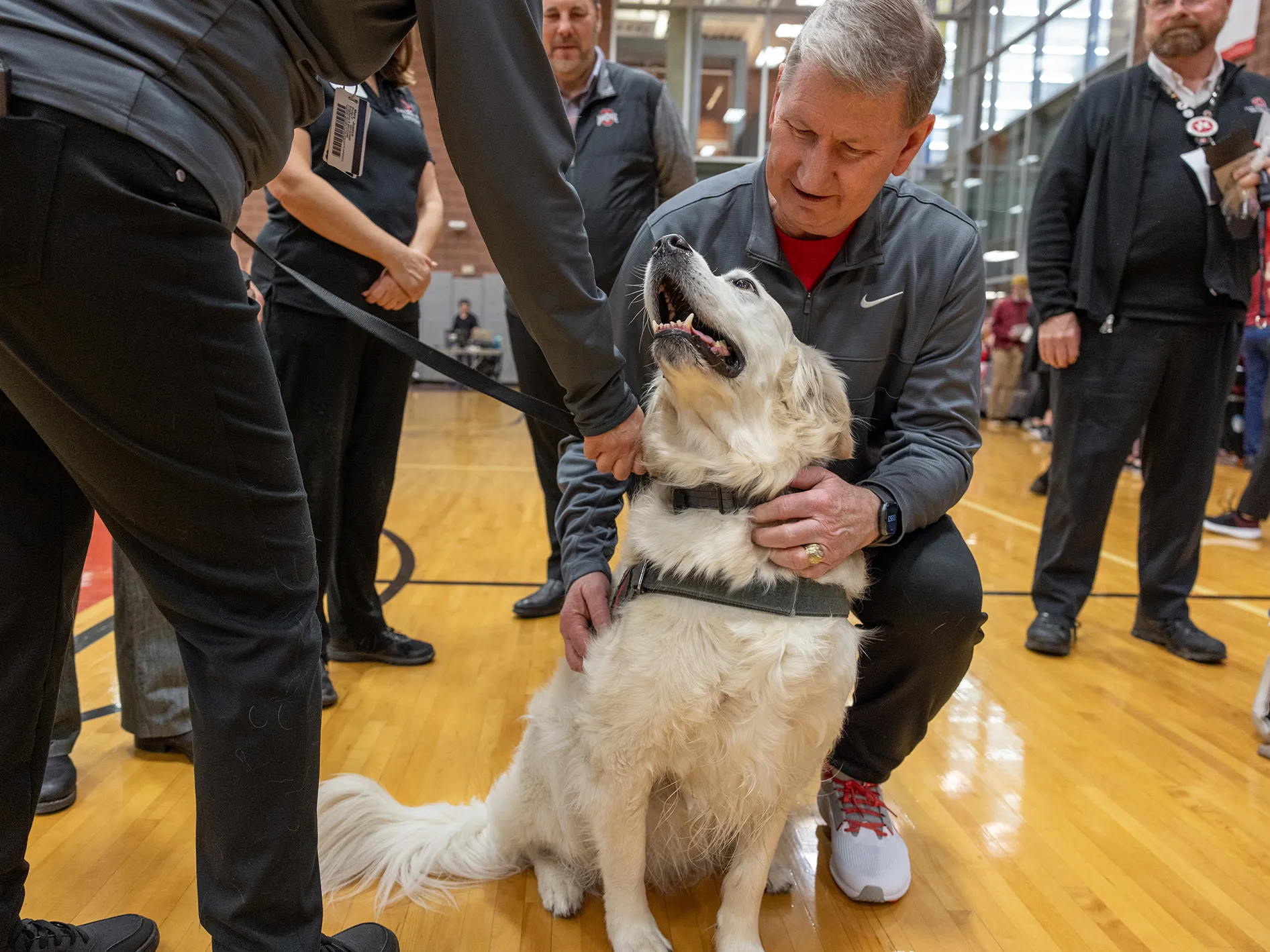 President Carter crouches on a gymnasium floor and used both hands to pet a golden retriever who is smiling up at her owner, who’s mostly off camera. The owner helped found Buckeye Paws, the group of volunteer dog owners who take their pets around campus to spread cheer. In the background, more people stand around President Carter and the dog. 
