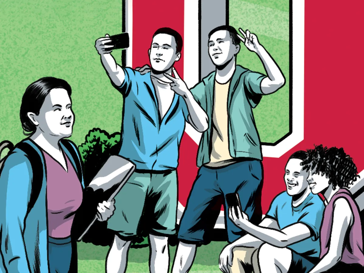 In an illustrated picture, students on the Ohio State campus take a selfie and happily chat with one another.