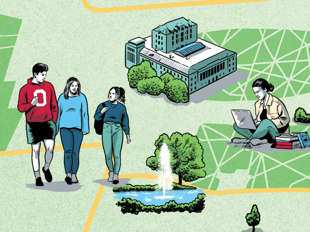 A section of an illustrated campus map shows the Oval, Thompson Library and students chatting and studying.