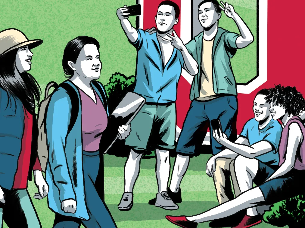 In an illustrated picture, students on the Ohio State campus take a selfie and happily chat with one another.