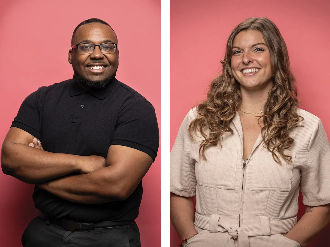 Three alumni are shown in tall portraits. They are Keshawn Harper, a black man with glasses; Ally Pesta, a white woman with long hair; and Rick Milenthal, a white man with shaved head. They are all dressed smartly and smile in a way that makes you think they’d be a good friend.