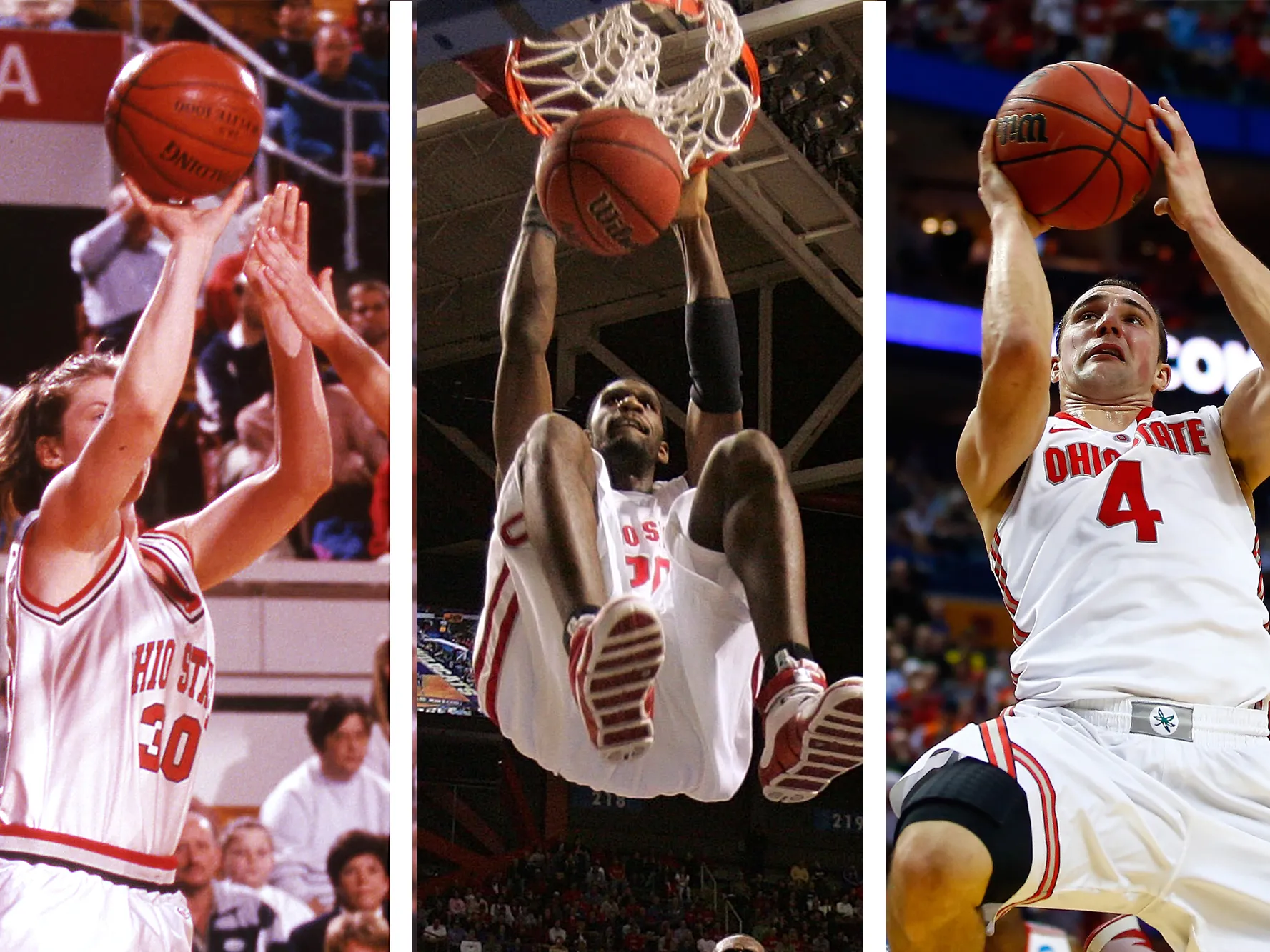 This three-section image shows ohio state basketball players through the years, all in action on the court. They are Katie Smith, Greg Oden and Aaron Craft.