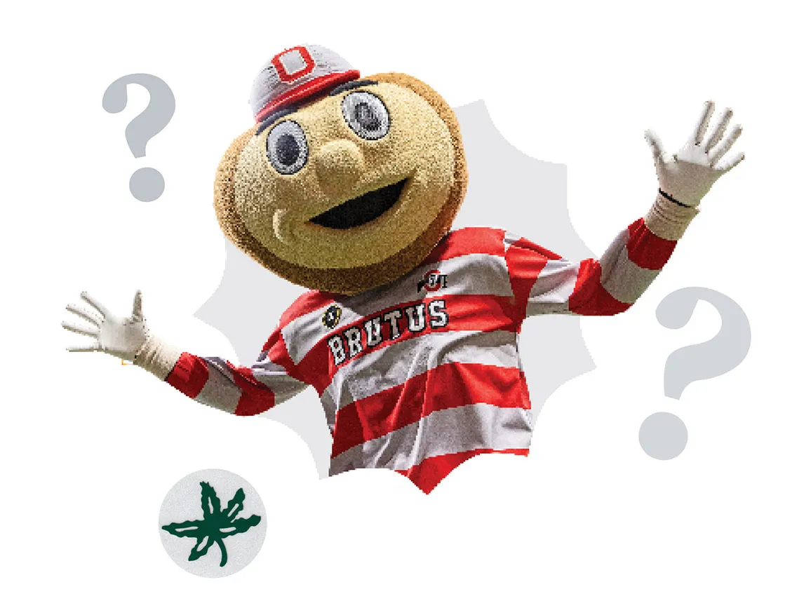 Brutus Buckeye smiles while surrounded by question marks