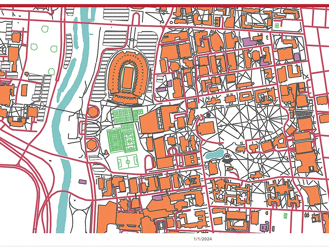 A screenshot from the map shows the footprints of campus buildings and streets