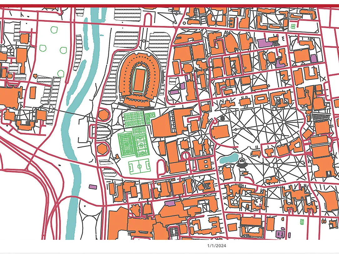 A screenshot from the map shows the footprints of campus buildings and streets