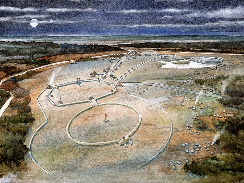 A painting shows what the Earthworks would have looked like 2,000 years ago, from a bird's eyeview.