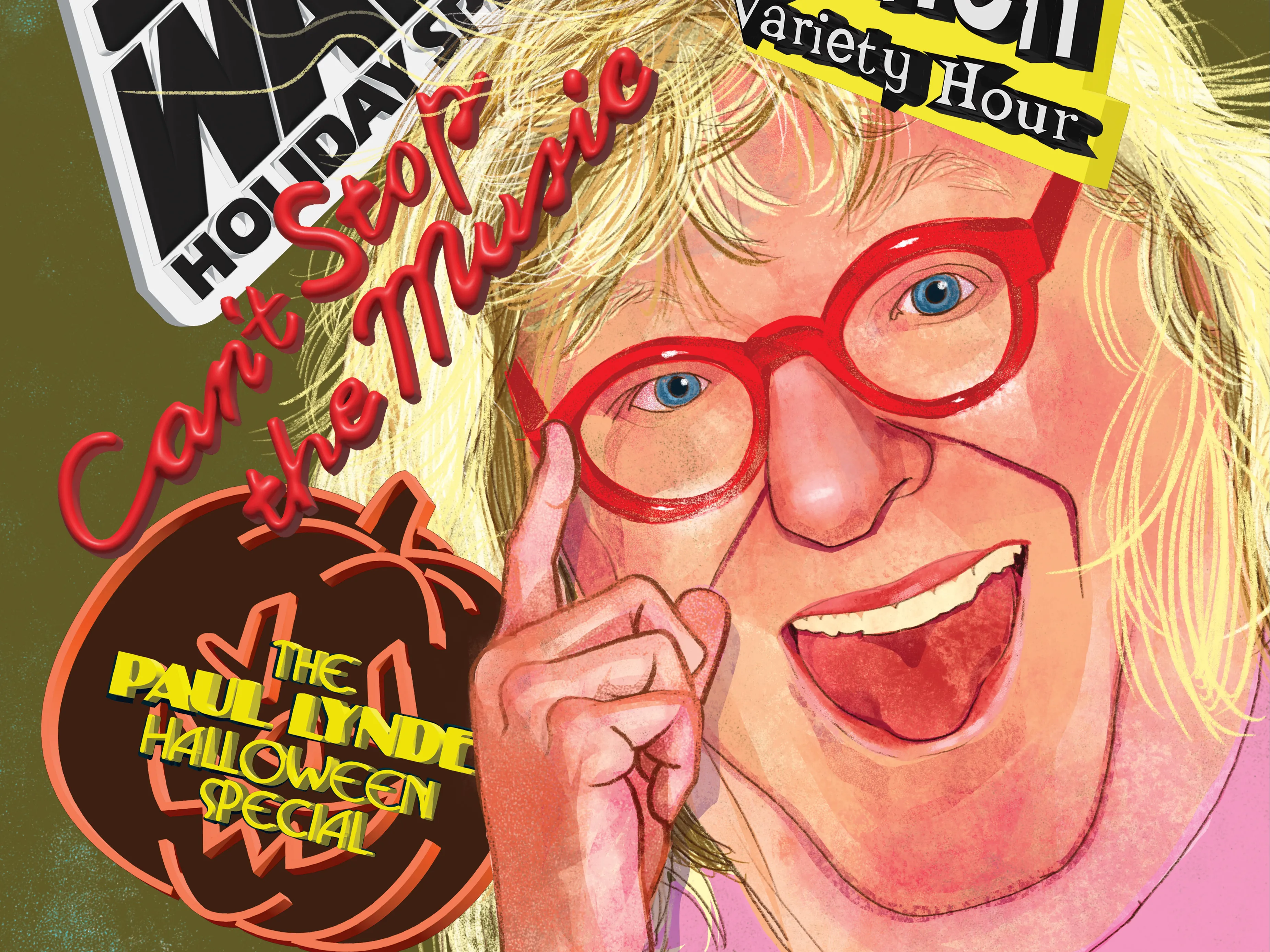 An illustration of Bruce Vilanch shows him grinning and pushing up his characteristic red framed glasses while names of shows he's written for float around his head.