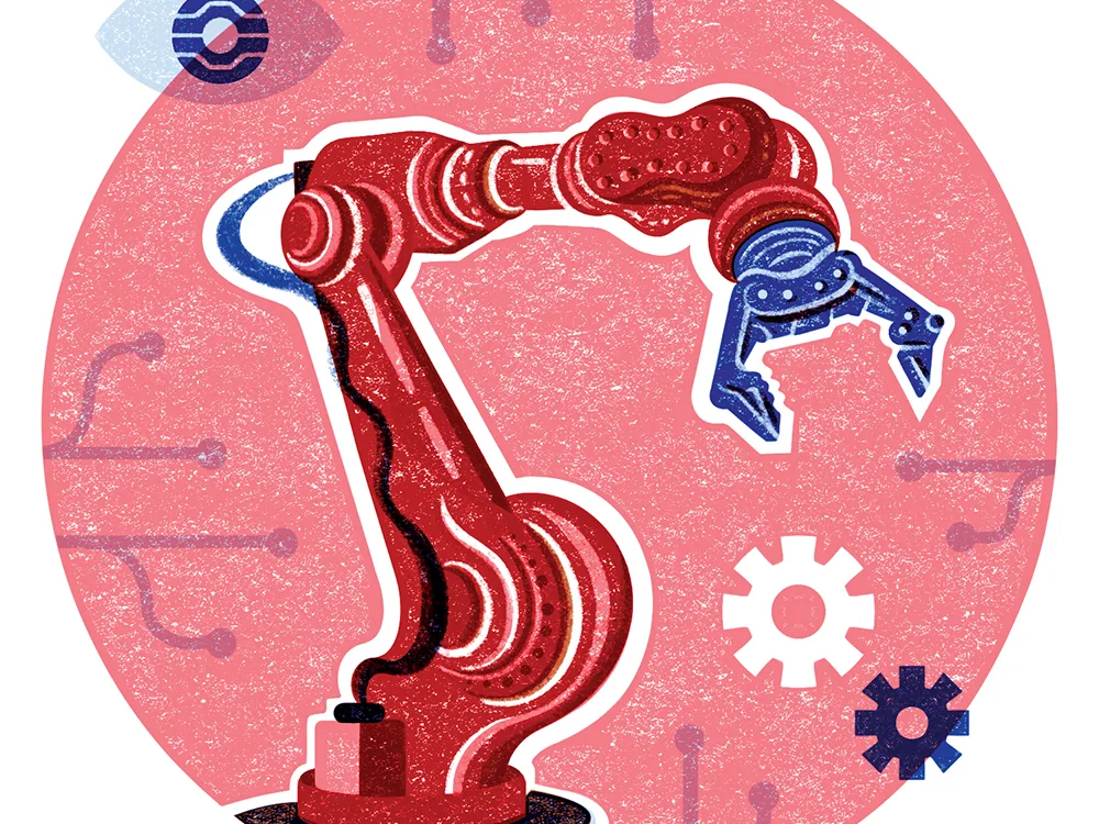 A stylized illustration shows a robotic arm, such as might be found on a factory's assembly line.