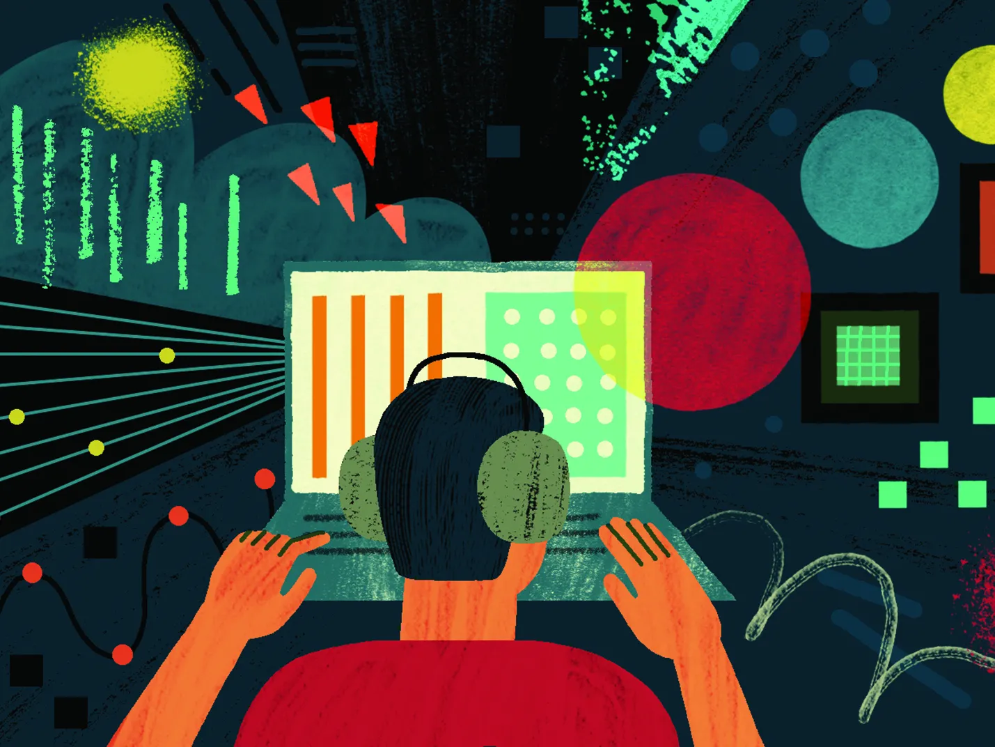 An illustration shows a man sitting at a computer. Geometric designs and results radiate outward.