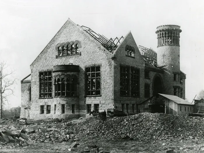 This old photo shows Orton Hall as it was being constructed.