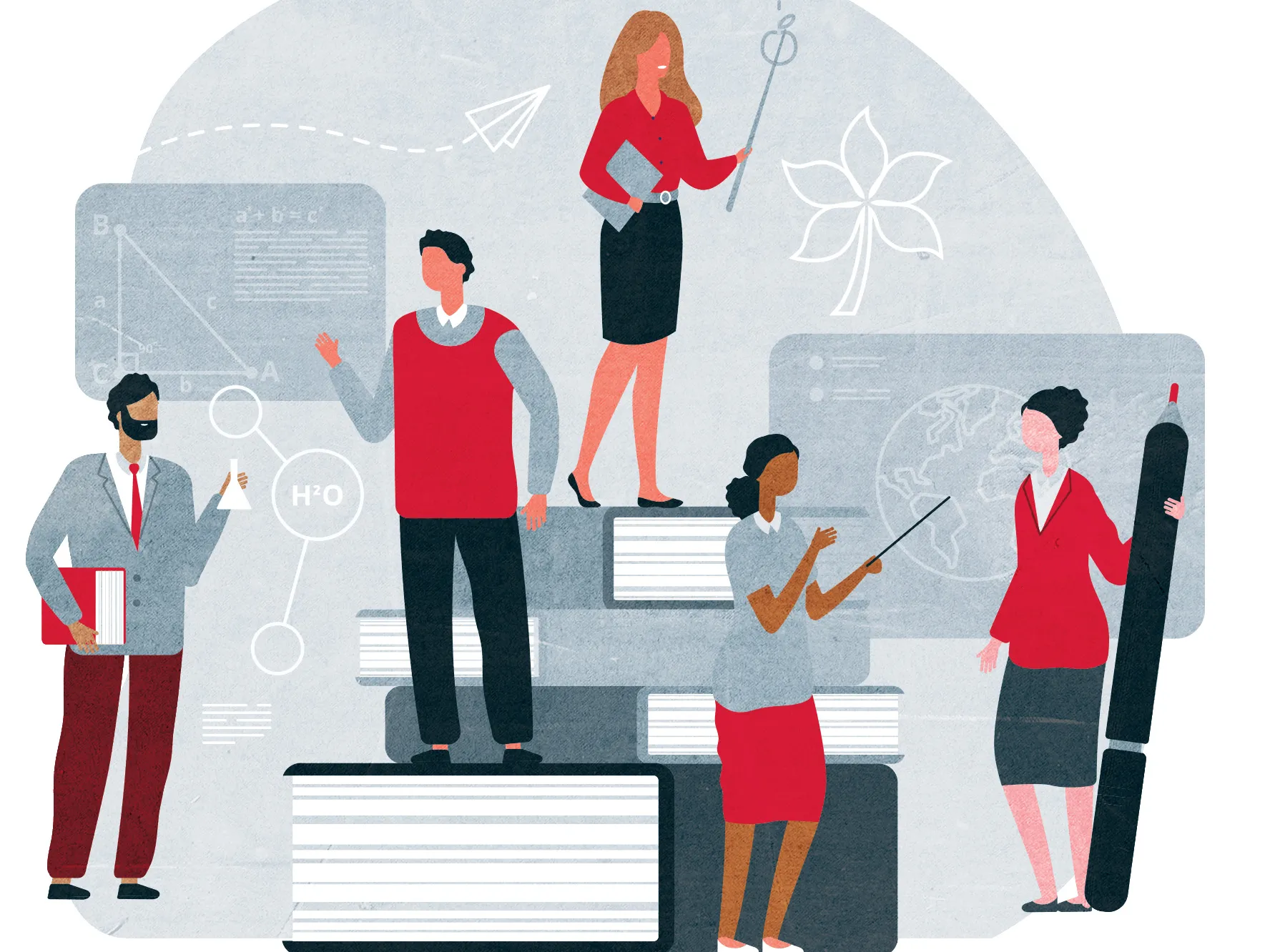 An illustration shows various teachers wearing Ohio State colors and standing on or around a stack of books. The people are vague representations--they do not have faces.
