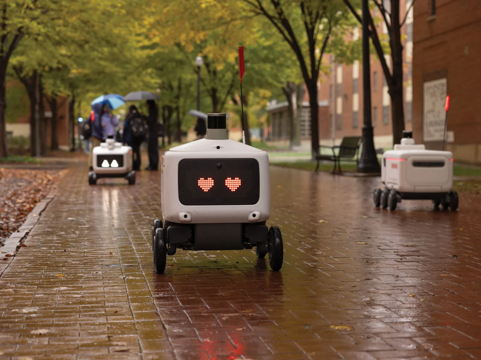 On a wet brick sidewalk, a robot has heart eyes and rolls merrily on its way. They things closest to it are other robots; students in the distance carry umbrellas.