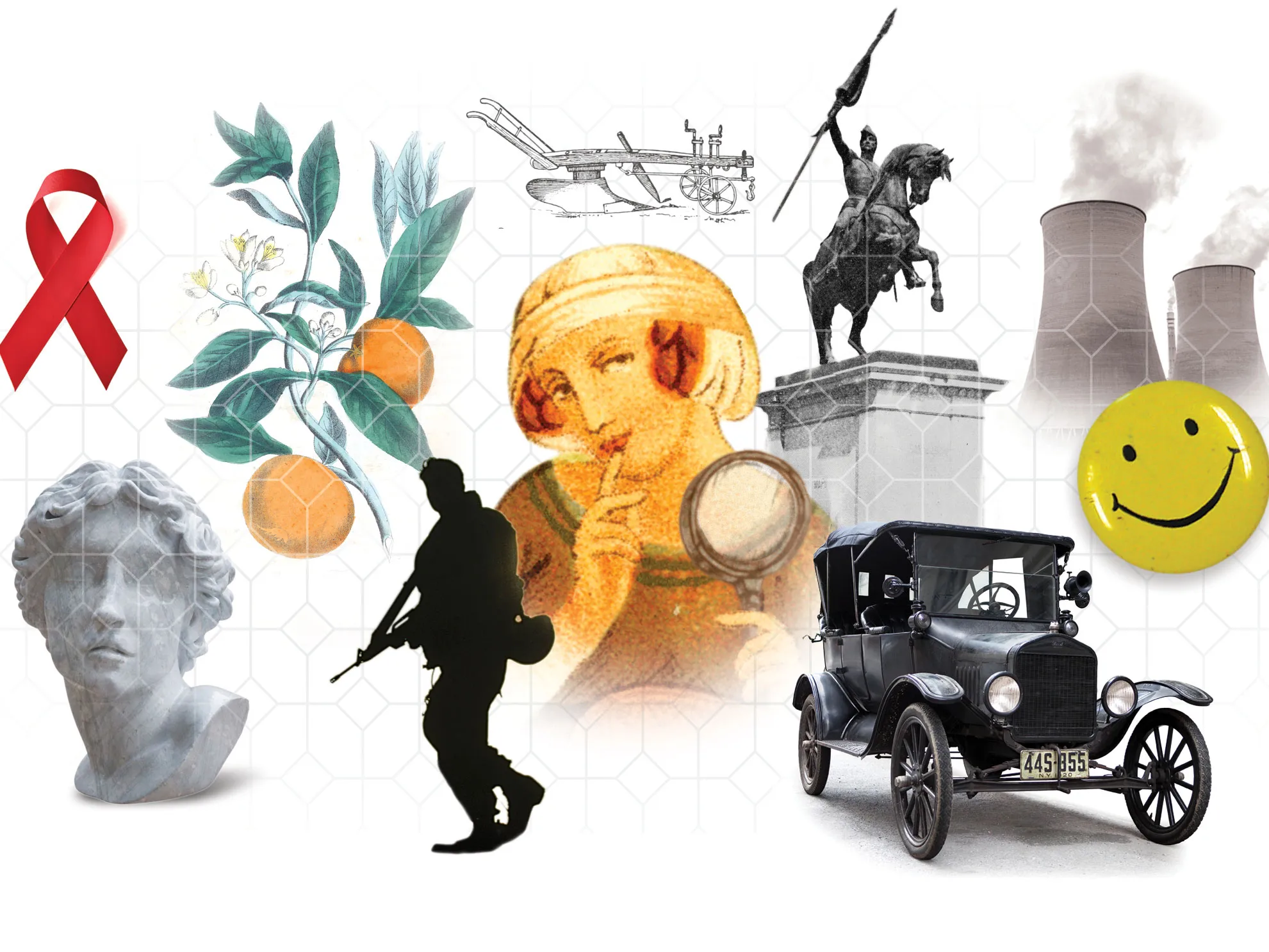 A photo collage shows a red ribbon, the head of an ancient Greek statue, illustrated oranges, nuclear powerplant stacks, an early automobile, and a woman detective drawn from the early 1900s.