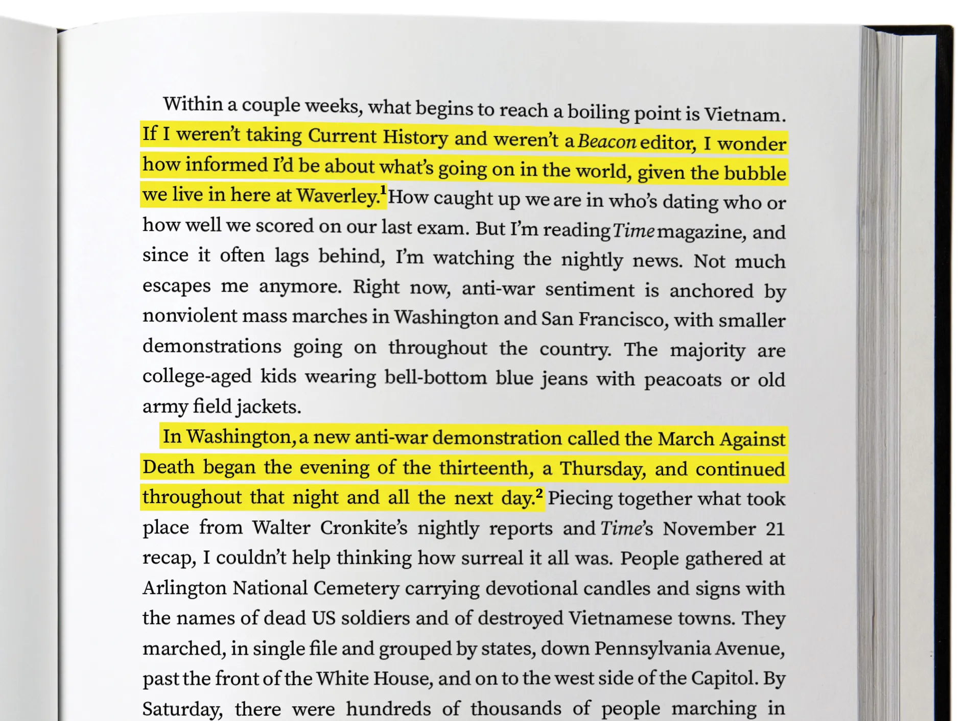 A photo of an open novel shows highlighted sentences on a page.