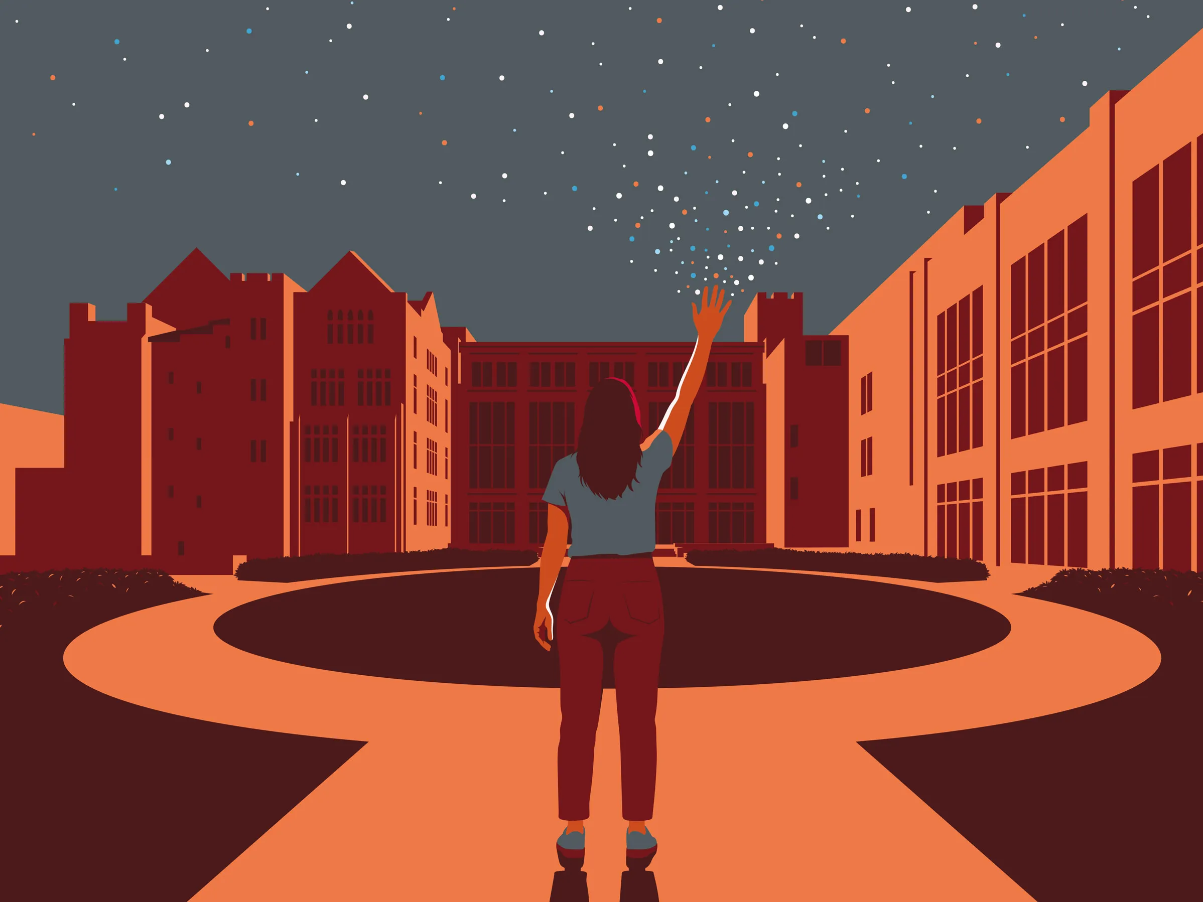 An illustration shows a woman from behind standing outside of Ohio State's College of Medicine. As she seems to wave, her hand reaches to the sky, and colors specs--almost starlike--emanate from her hand.