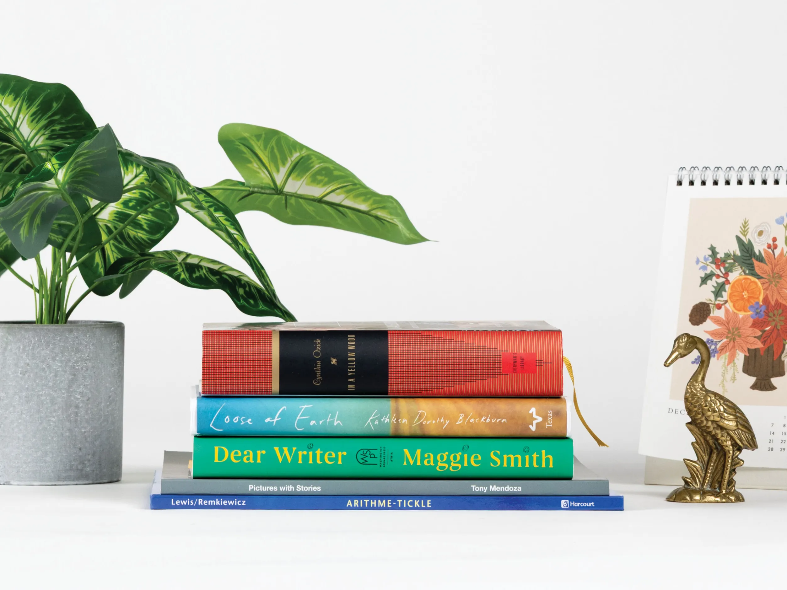 A photo shows the books in this story stacked on their side, alongside a plant, mini calendar with flowers and a small golden crane statue