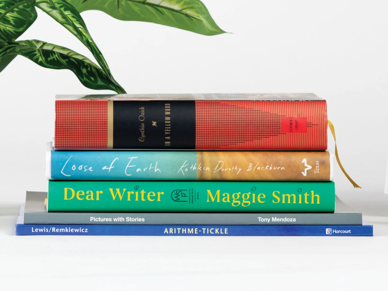 A photo shows the books in this story stacked on their side, alongside a plant, mini calendar with flowers and a small golden crane statue
