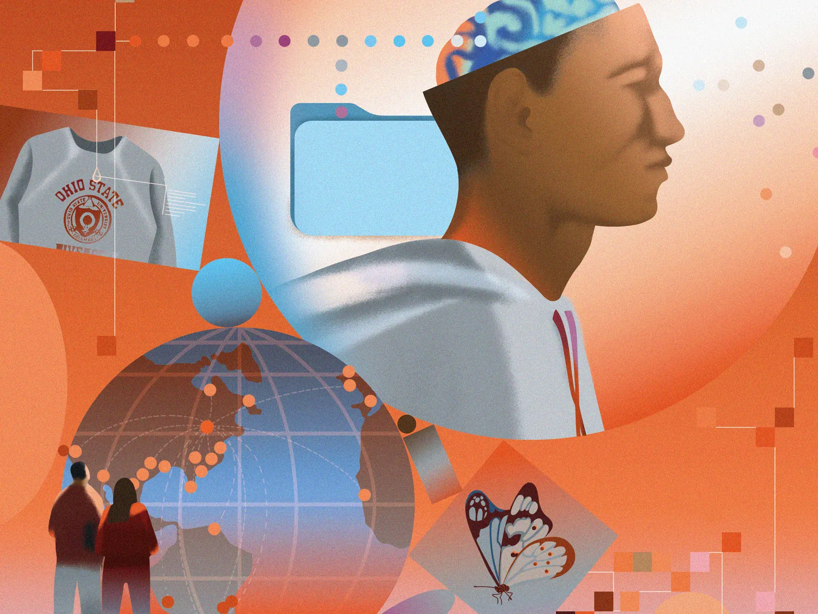 An illustration showing a person in a hoodie inside a large circular frame, surrounded by abstract shapes, a globe, a butterfly drawing, two people standing together, and an Ohio State shirt.