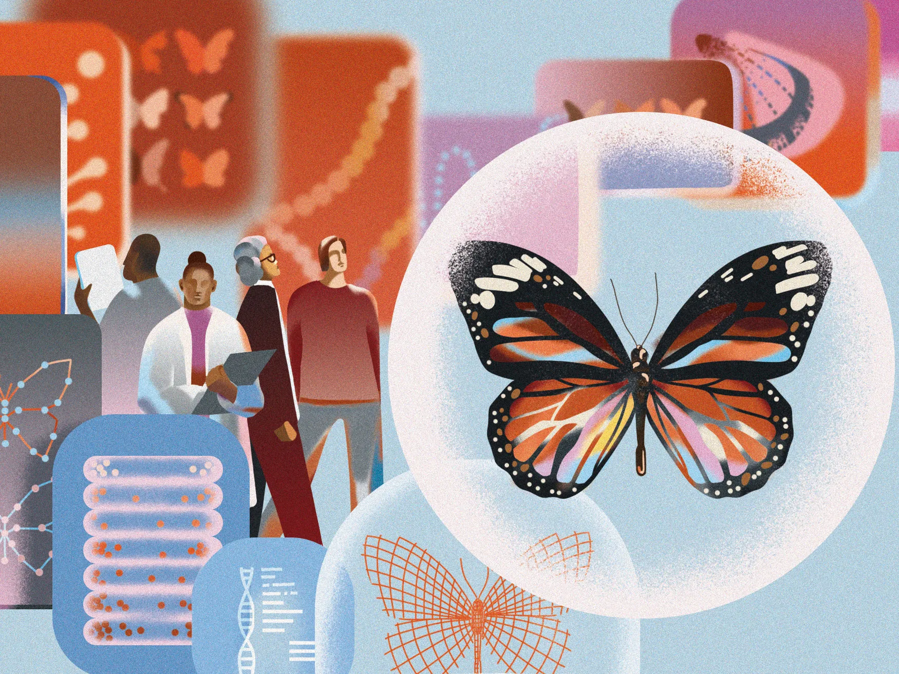 An illustration shows a large butterfly inside a circular frame surrounded by scientific diagrams. A small group of people stands behind the butterfly, reviewing papers and data, with abstract charts and symbols around them.
