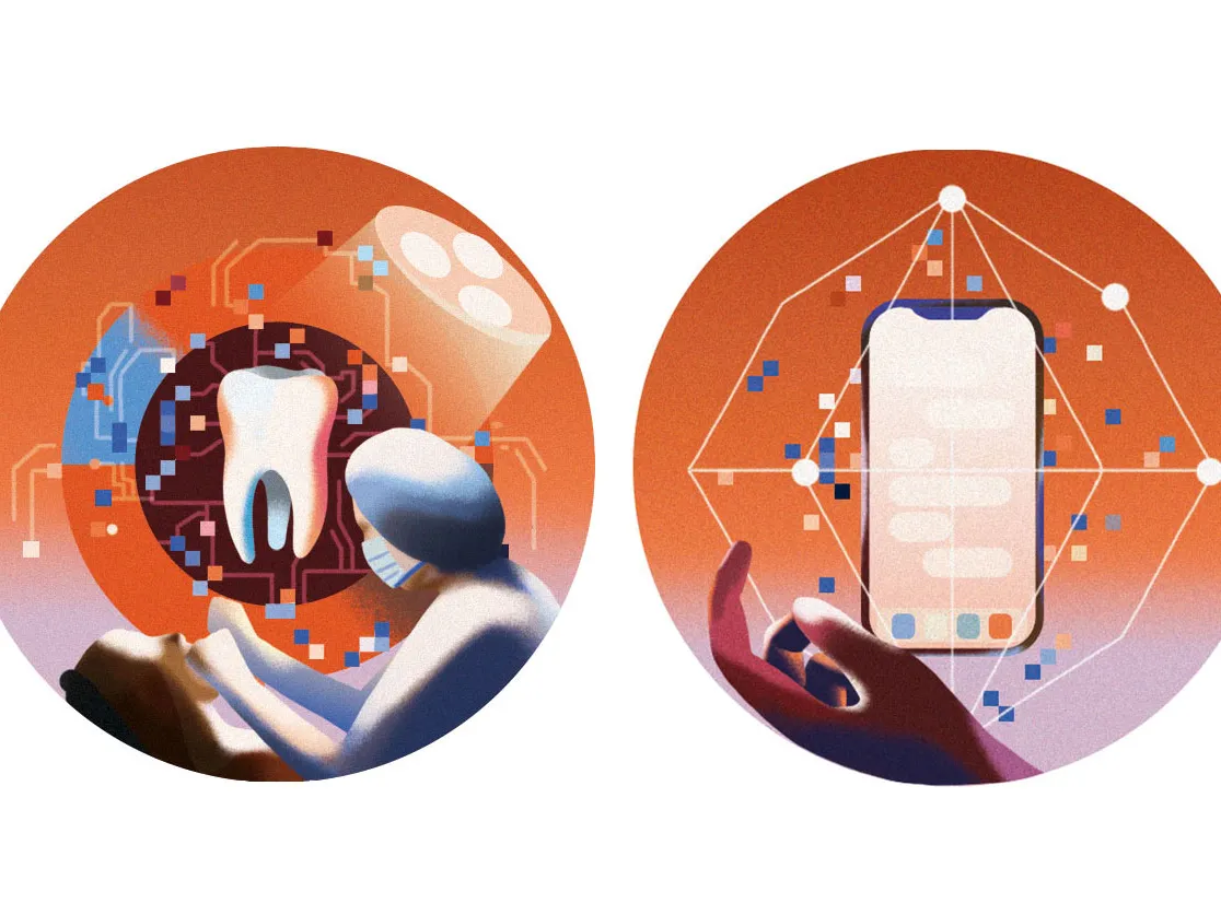 Stylized illustrations show 2 circles. One has a dentistry patient, doctor and large tooth. The other has a smartphone and interconnected logistics. 