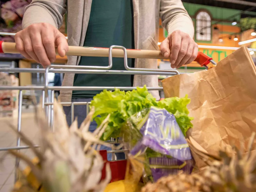 Someone, whose face can't be seen, pushes. grocery cart loaded with healthy foods