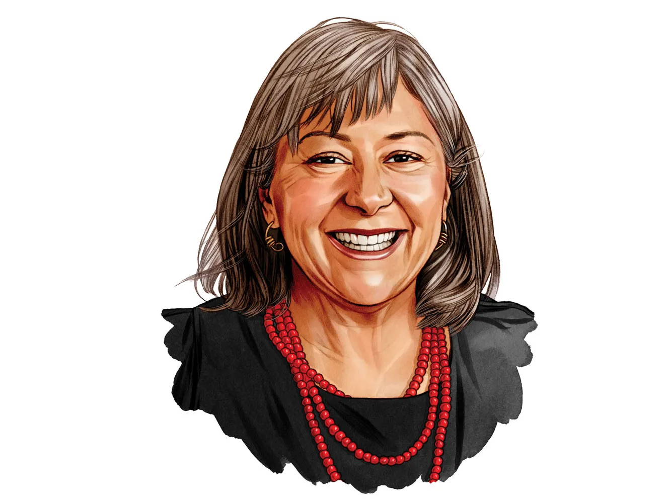 An illustration shows the president of the Ohio State Alumni Association smiling with her eyes and mouth and wearing a red beaded necklace