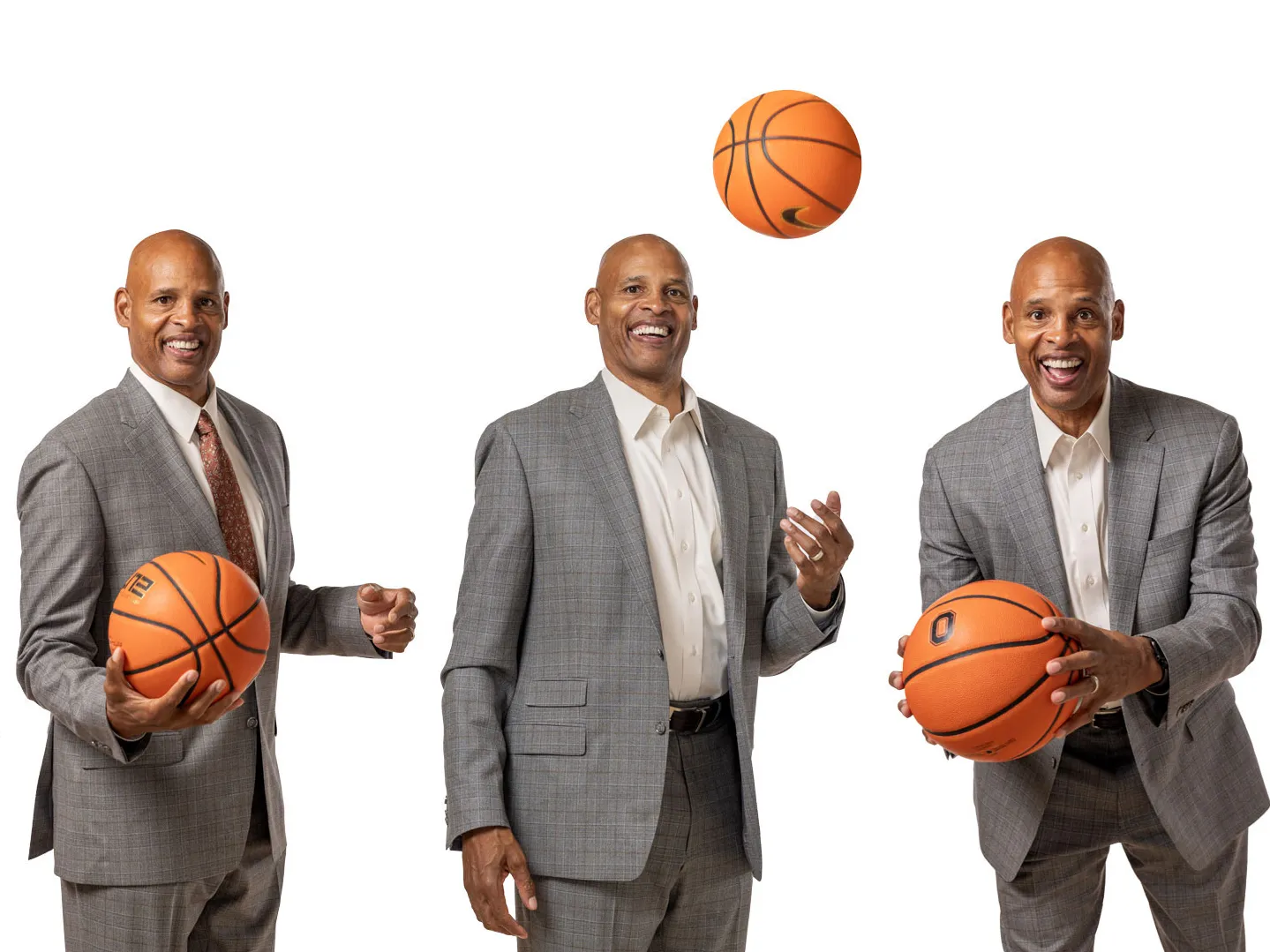 Clark Kellogg grins as he poses with a basketball in panels. He wears a suit and alternately holds the ball, holds it out as if offering it to you, tosses it in the air and holds it forward in a basketball playing stance.