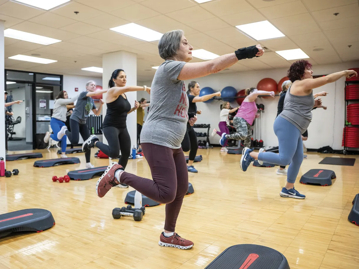 Flo and a room full of women follow an instructor's movements in a cardio class.