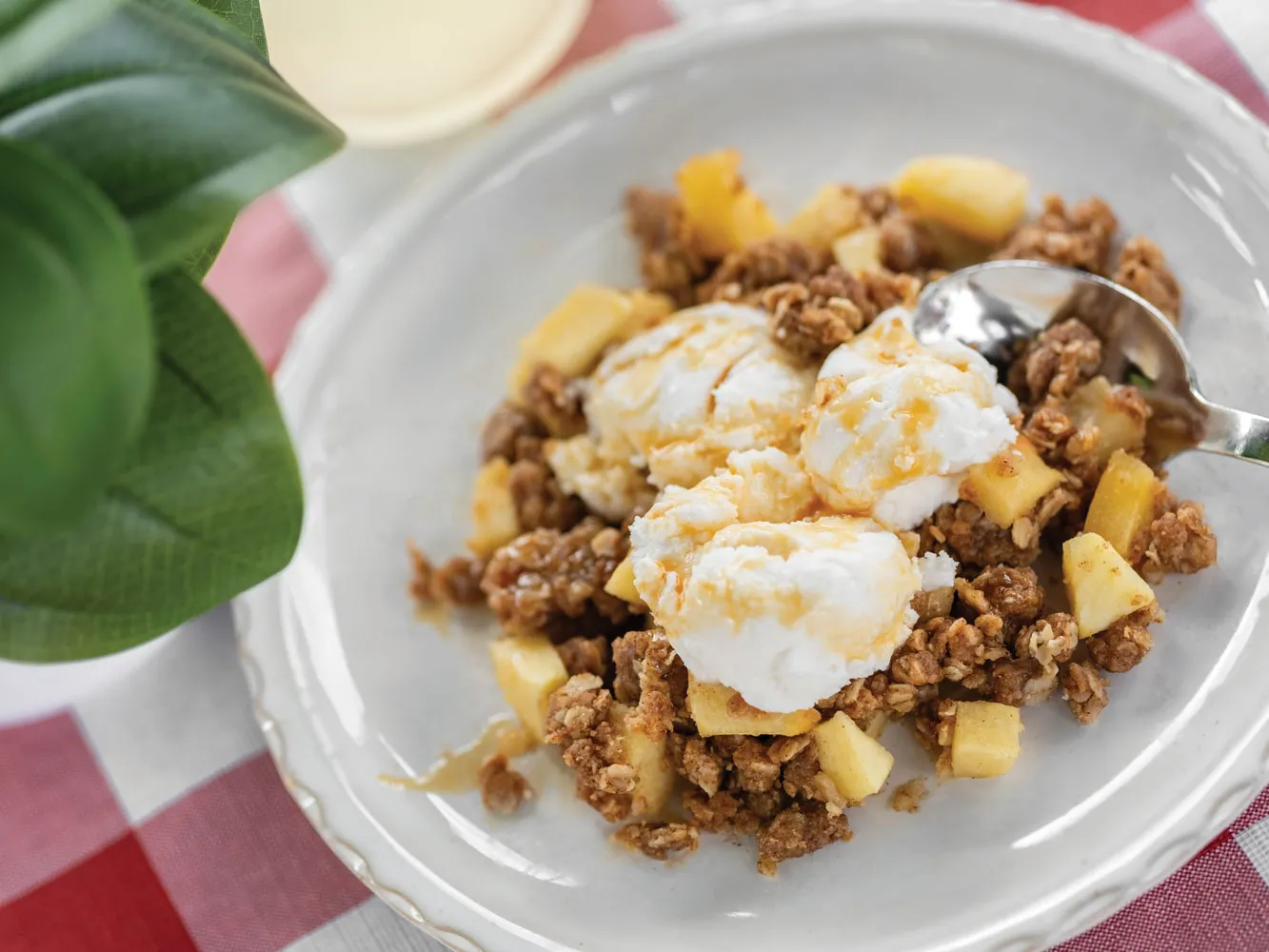 A plate holds a serving of apple crisp topped with scoops of ice cream. Pieces of cooked apples and crumb topping are visible around the ice cream. A spoon rests on the plate. 