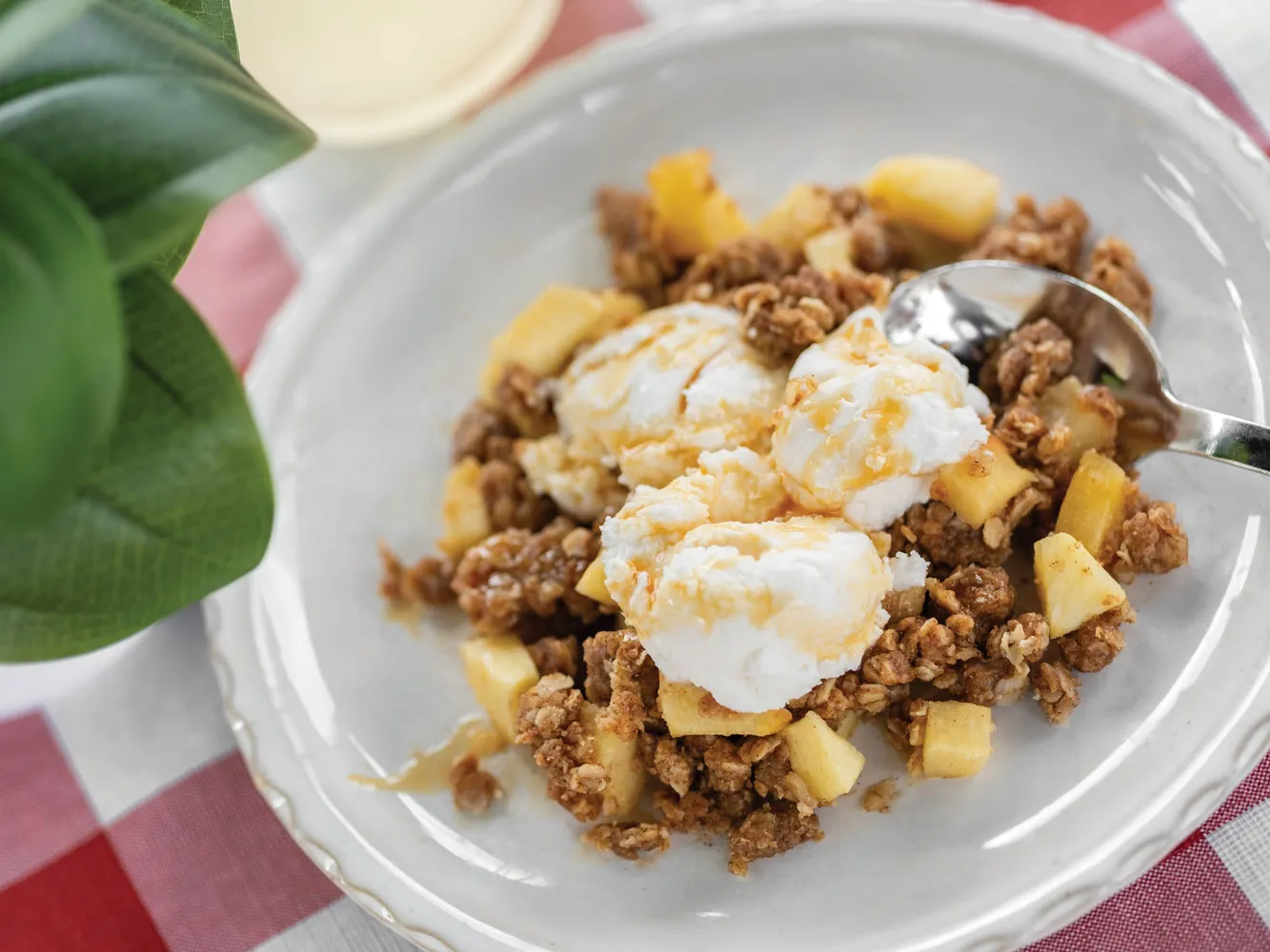 A plate holds a serving of apple crisp topped with scoops of ice cream. Pieces of cooked apples and crumb topping are visible around the ice cream. A spoon rests on the plate. 