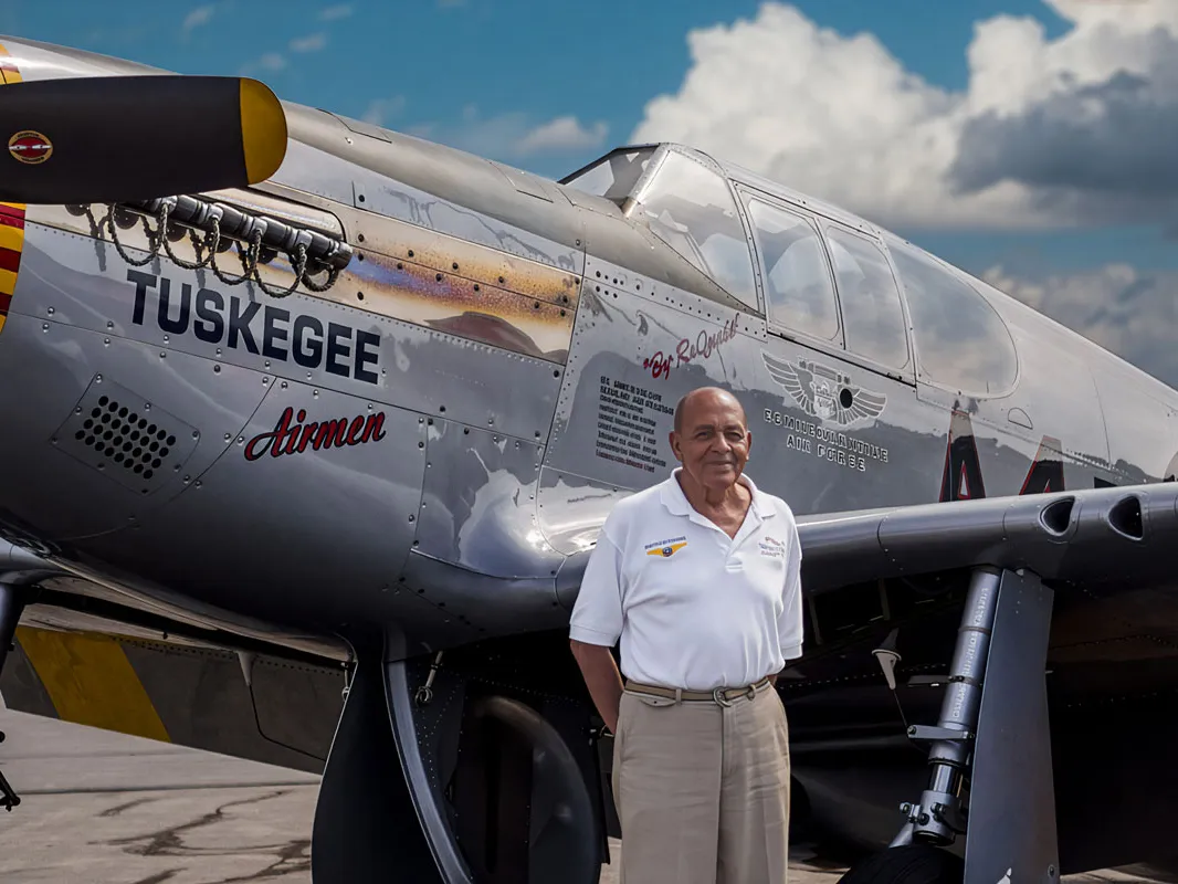 AN older black gentleman stands in front of an airplace with "Tuskegee Airmen" stenciled on the side. It's a plane like what he flew during World War II.