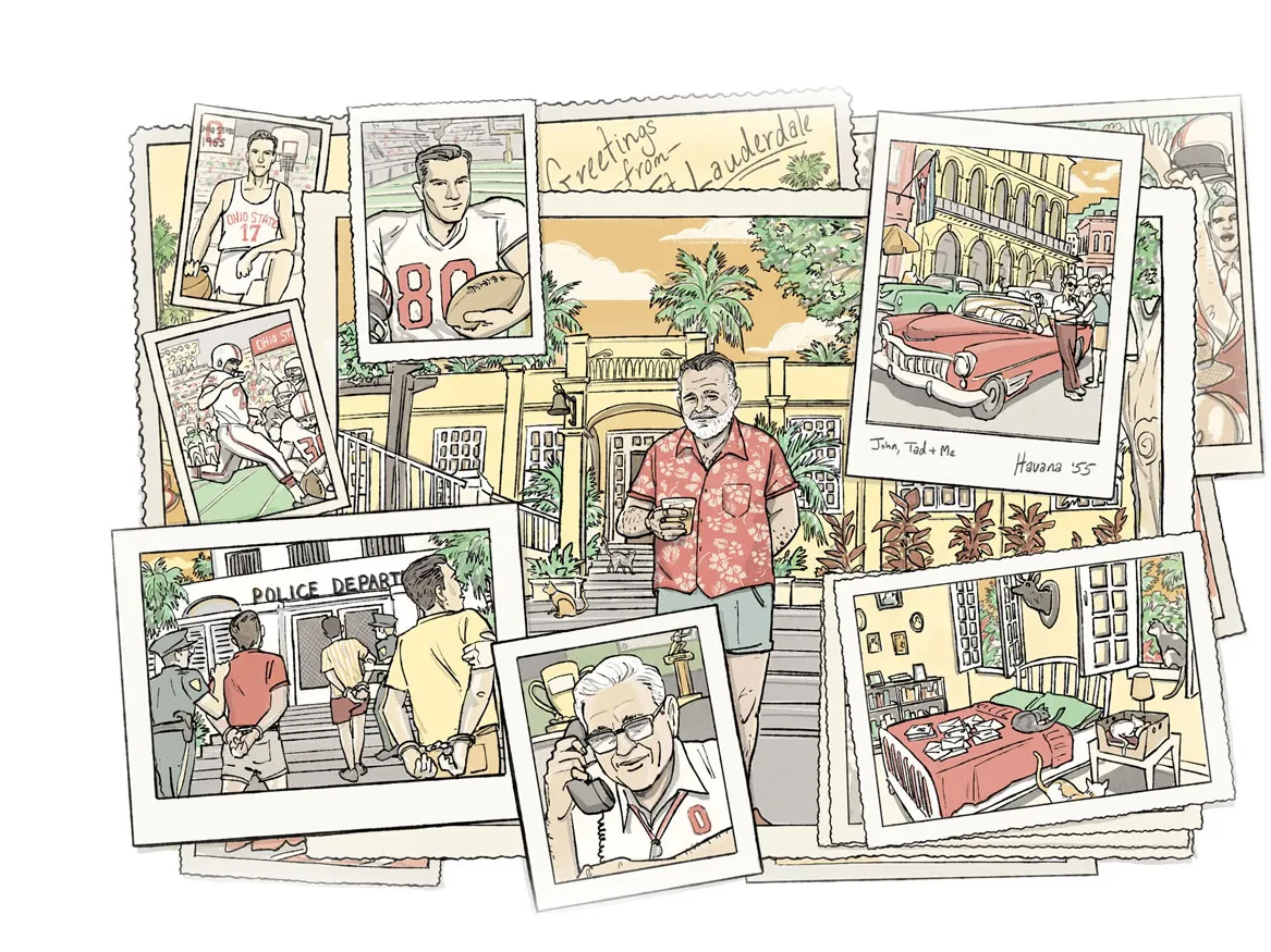 An illustrated collection of old photos shows a 1960s car, Ernest Hemingway holding a drink on his front steps, Ohio State athletes and three young men in handcuffs going into a police station.