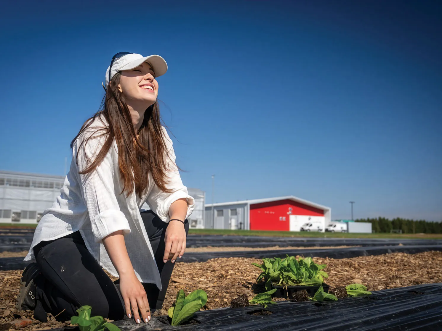 A young white woman with long hair and wearing a baseball cap crouches in a field as she plants lettuce. She has her face turned up toward the sky, smiling as she feels the sunlight on her skin.