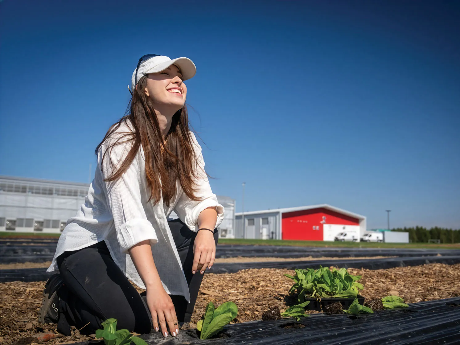 A young white woman with long hair and wearing a baseball cap crouches in a field as she plants lettuce. She has her face turned up toward the sky, smiling as she feels the sunlight on her skin.