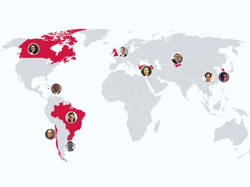 A map illustration of the world shows 10 headshots of professors and generally where they've gone to lead research