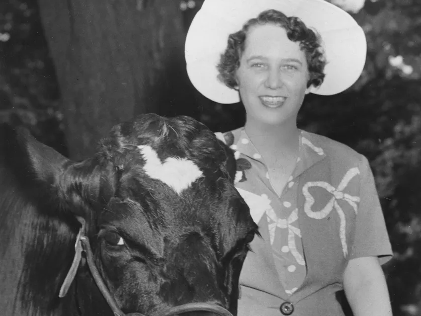 A woman dressed in a dress and wide brimmed hat smiles as she poses with a cow in this black and white photo from 1942.
