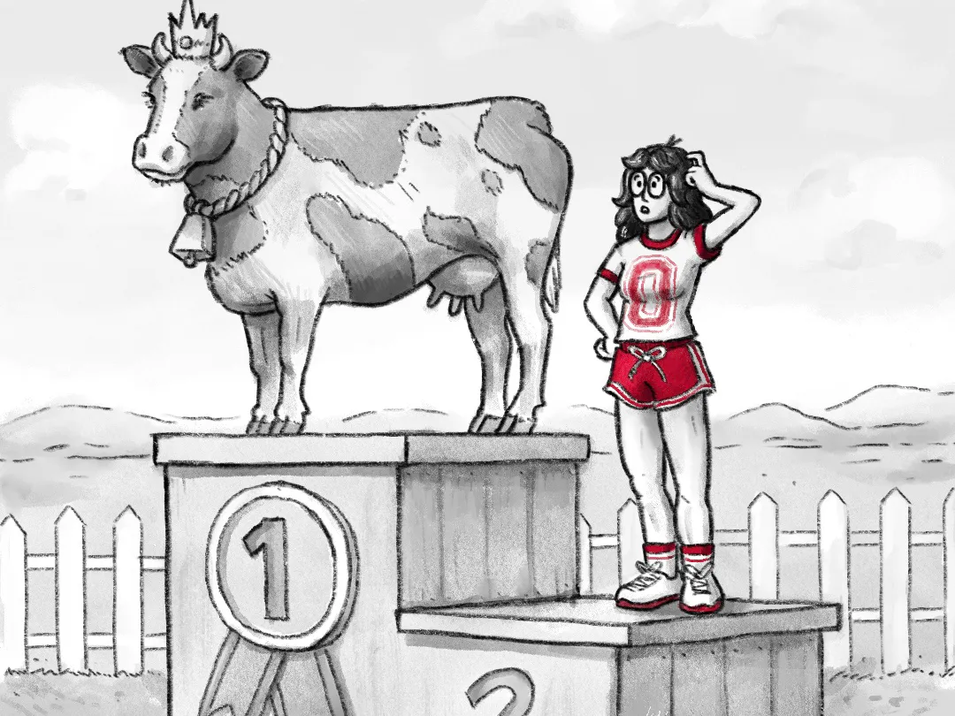 A comic shows podiums marked 1 and 2. Standing on podium number one is a cow wearing a crown. On podium number two, is a young woman in athletic clothes, wearing glasses and scratching her head.
