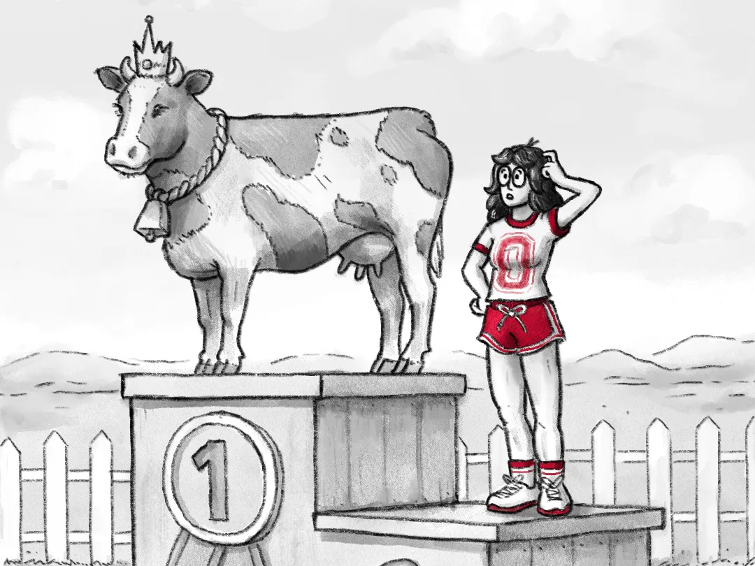 A comic shows podiums marked 1 and 2. Standing on podium number one is a cow wearing a crown. On podium number two, is a young woman in athletic clothes, wearing glasses and scratching her head.
