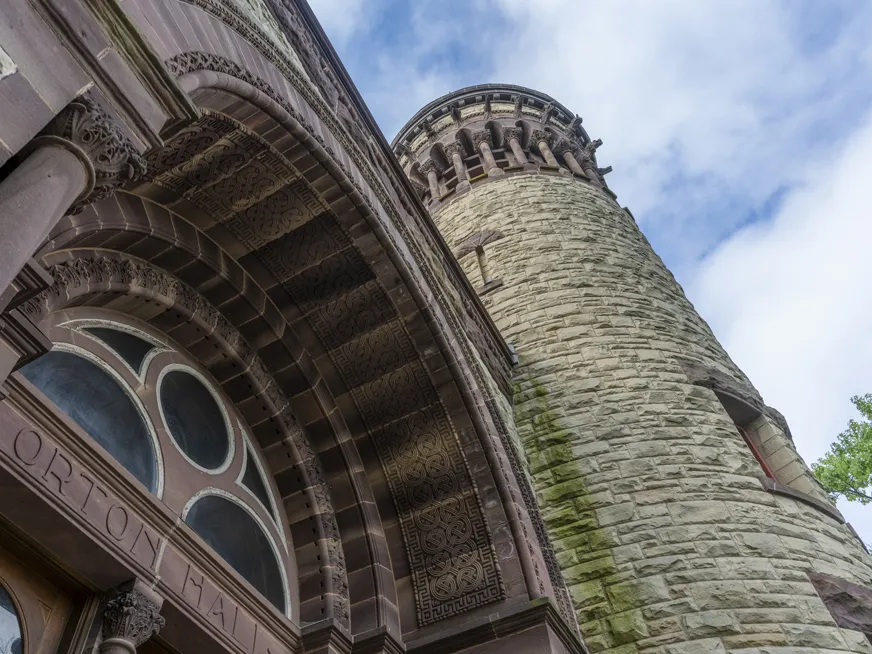 The entrance and bell tower of Orton Hall