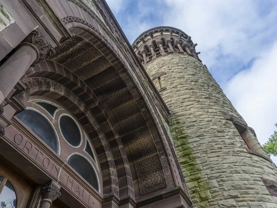 The entrance and tower at Orton Hall