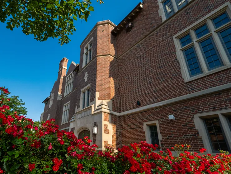 The roofline of pomerene hall on ohio state's campus