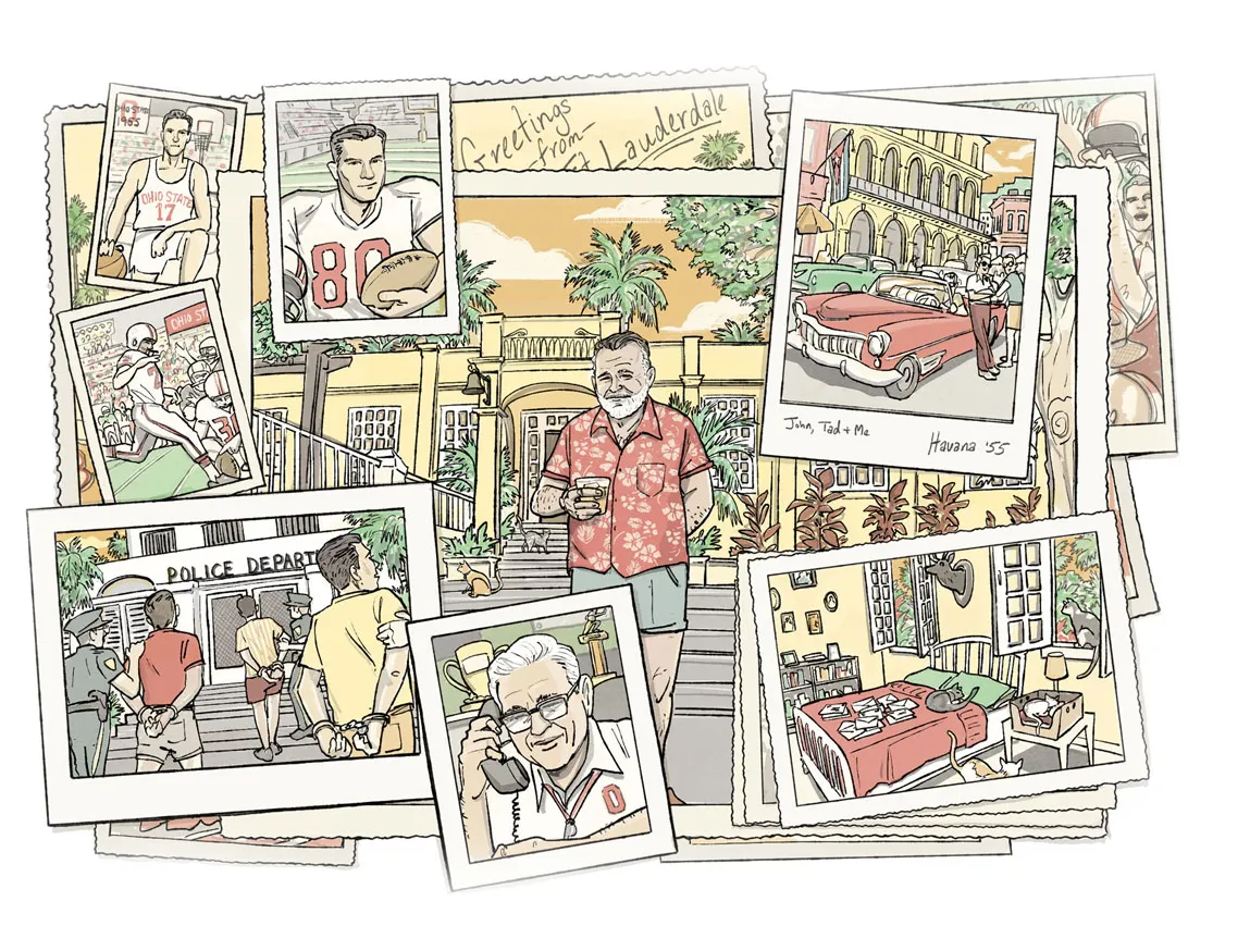 An illustrated collection of old photos shows a 1960s car, Ernest Hemingway holding a drink on his front steps, Ohio State athletes and three young men in handcuffs going into a police station.