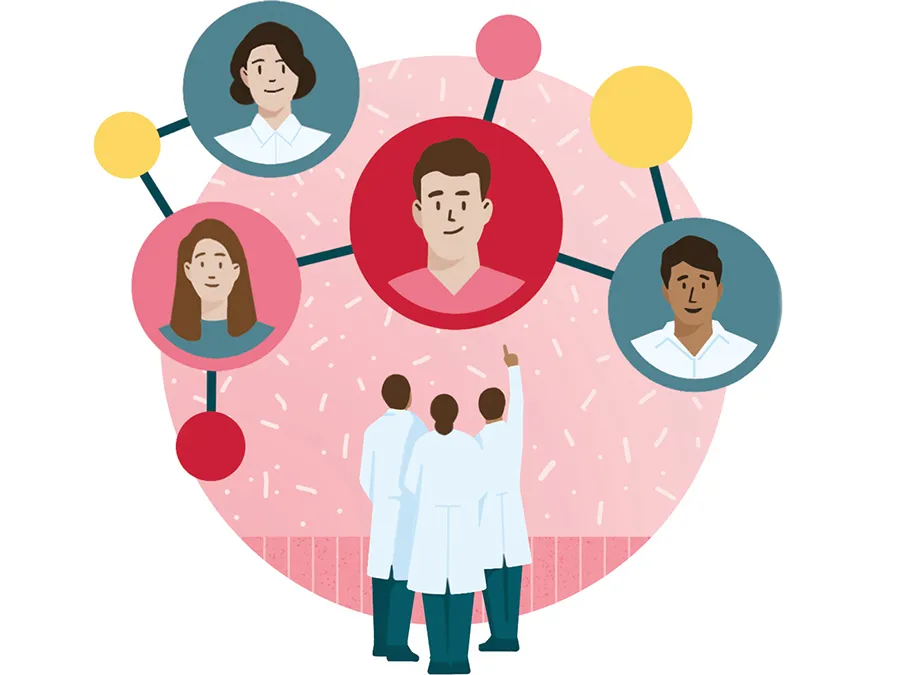 An illustrations shows a team in white coats pointing at people whose faces are displayed in circles. The team is apparently choosing from candidates for a job.