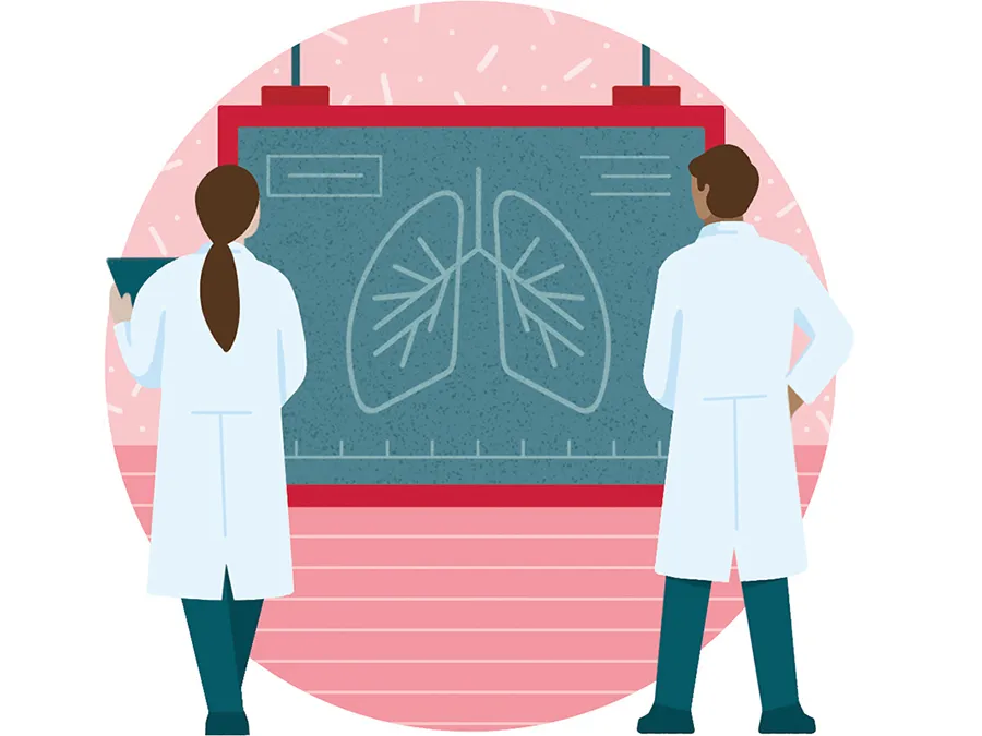 an illustration shows two doctors looking at a big diagram of lungs