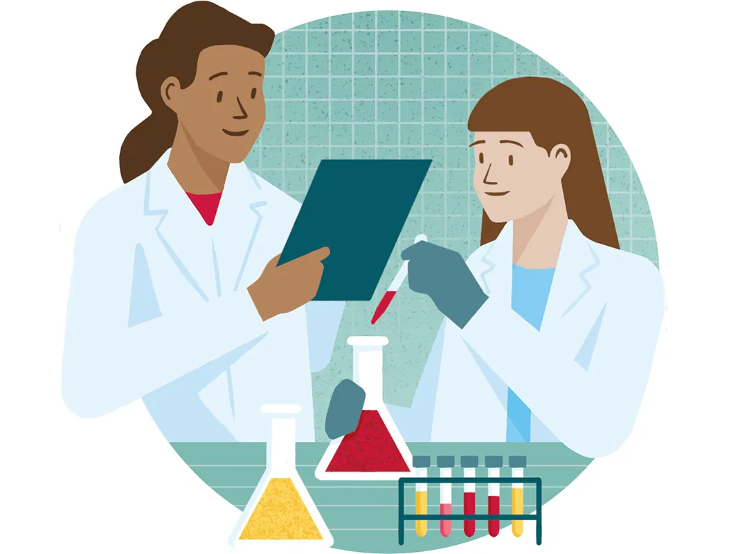 An illustration shows a teacher and student, both scientists working together